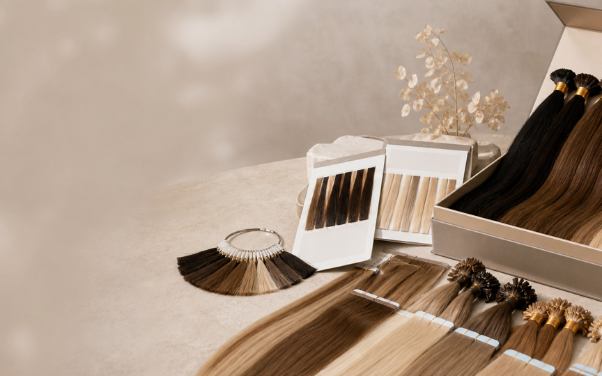 Human hair extension sample kit and colour swatches
